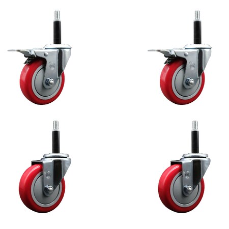 Service Caster 4'' Red Poly Swivel 3/4'' Expanding Stem Caster Set 2 Total Lock Brakes, 4PK SCC-EXTTL20S414-PPUB-RED-2-S-2-34